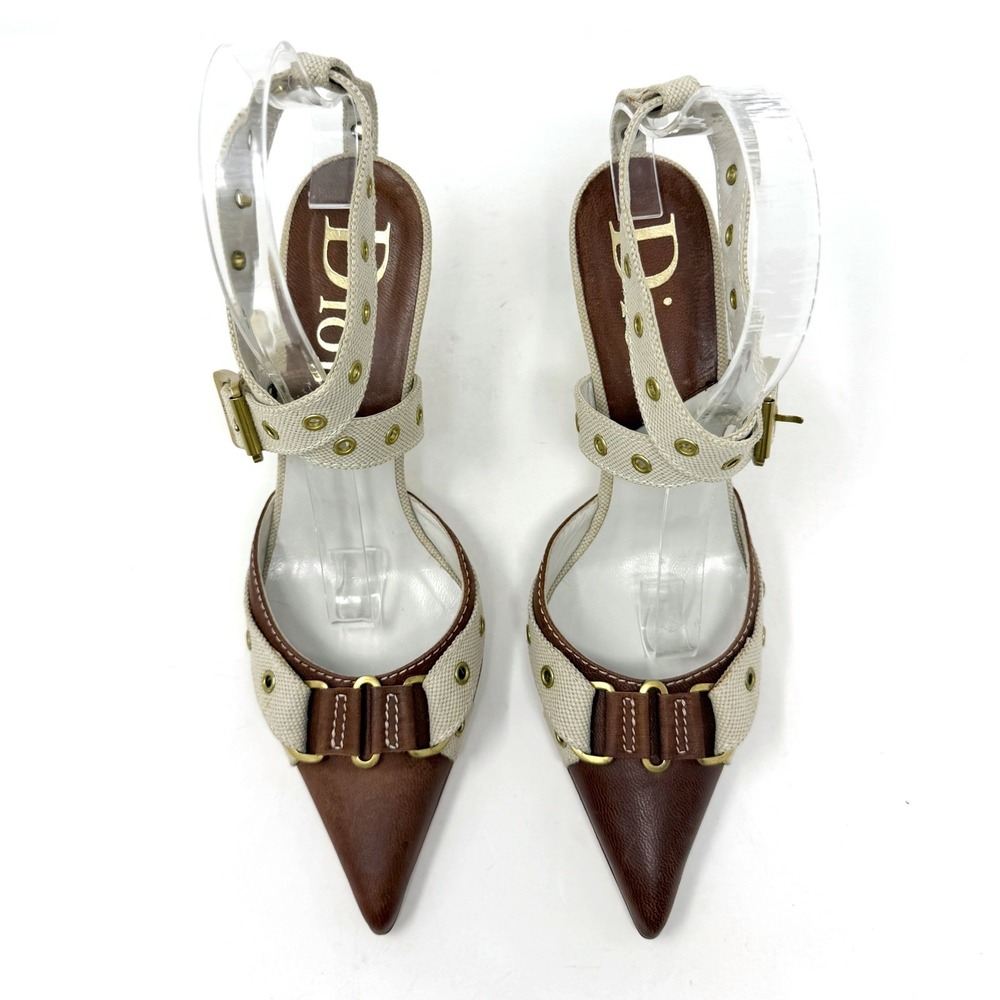 Dior Galliano Era 2002 Canvas Leather Grommet Heels Slingback 38.5‎ - Picture 2 of 10